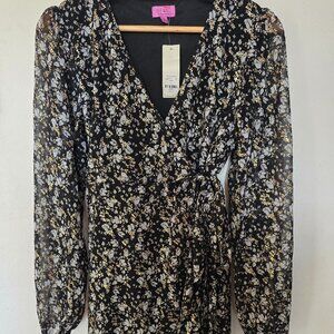 Francesca's Long-Sleeved, Black and Gold Floral Wrap Dress